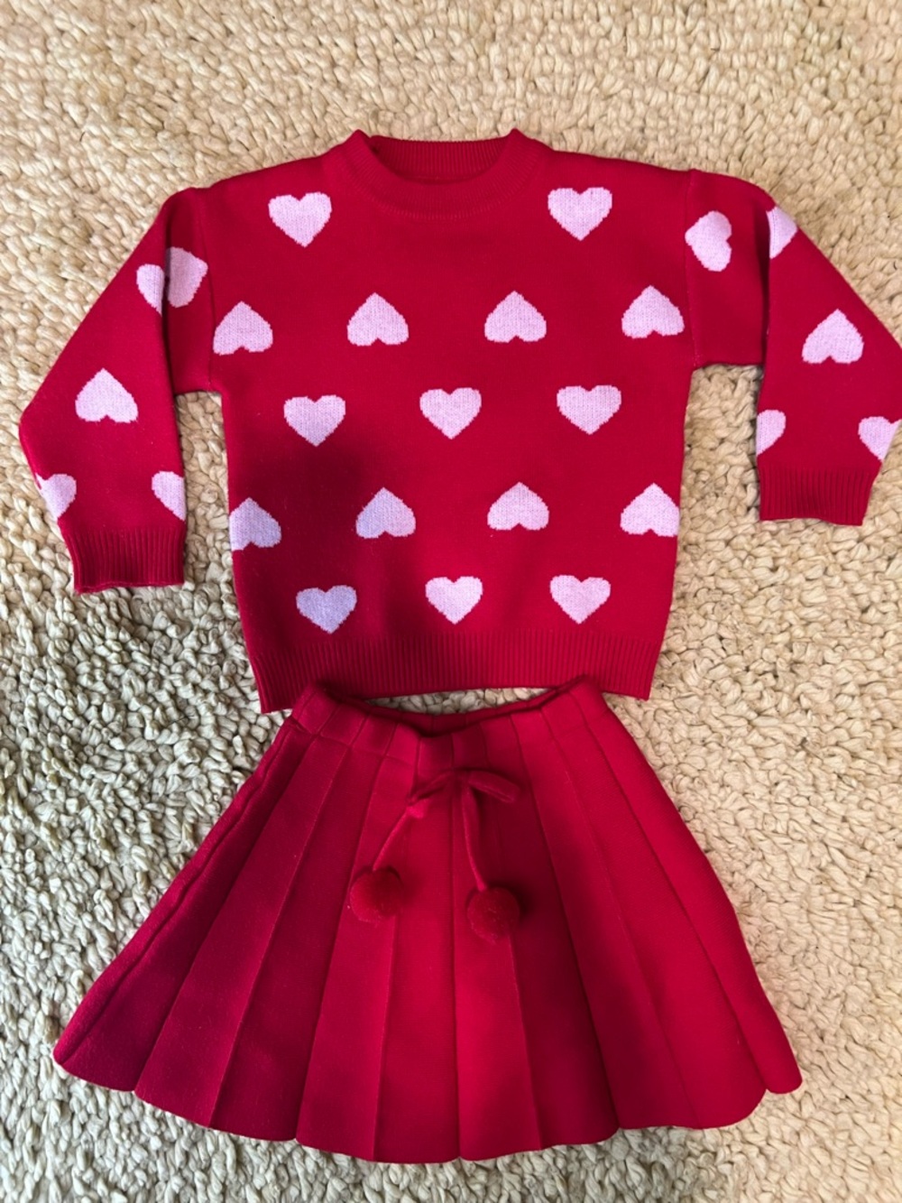 Kids Red Heart Knit Sweater and Skirt Set
